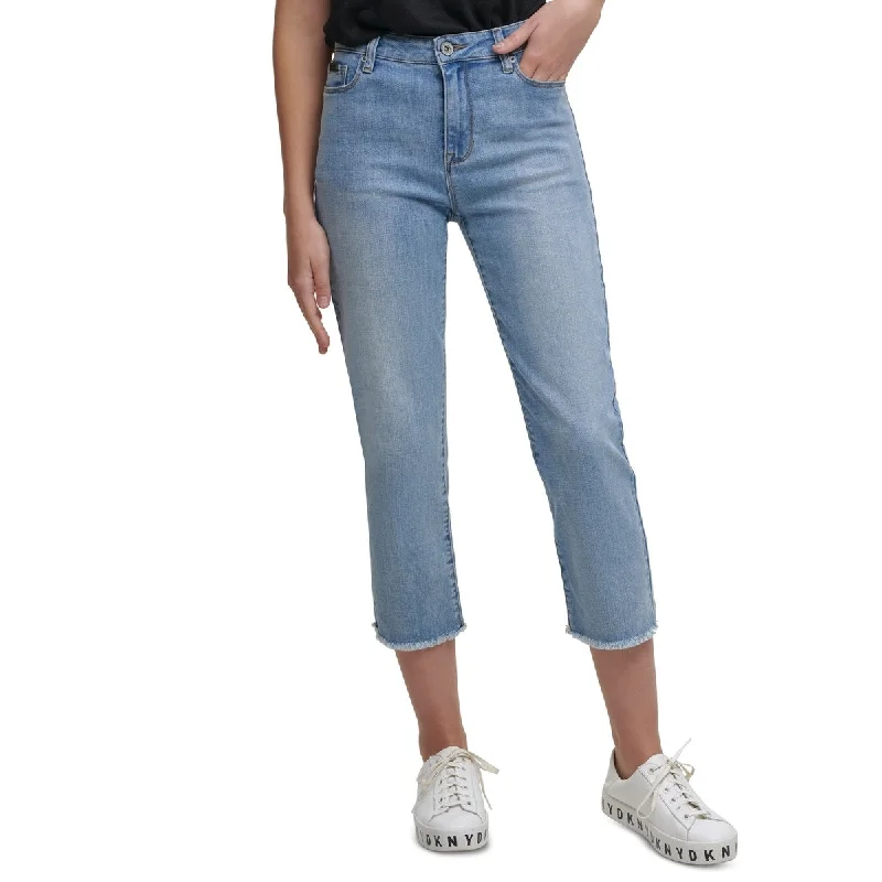 women's modern straight-leg jeans -DKNY Women's Rivington Slim Straight Cropped Raw Jeans Blue Size 25