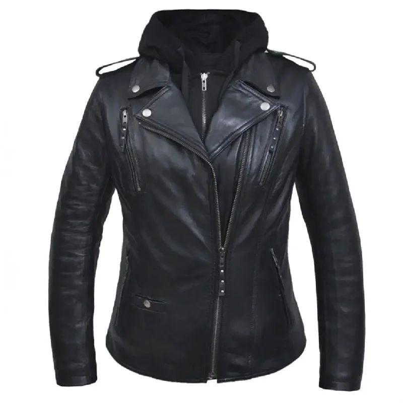 ladies' quilted coat -Open Road Women's Hooded Classic Leather Motorcycle Jacket