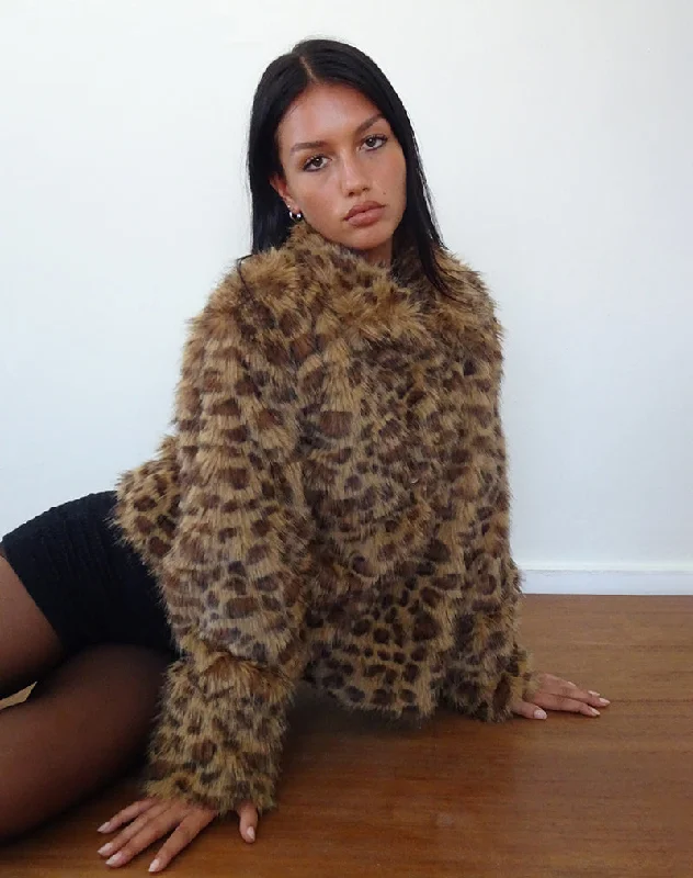 women's asymmetrical zip jacket -Joji Crop Faux Fur Jacket in Brown Leopard