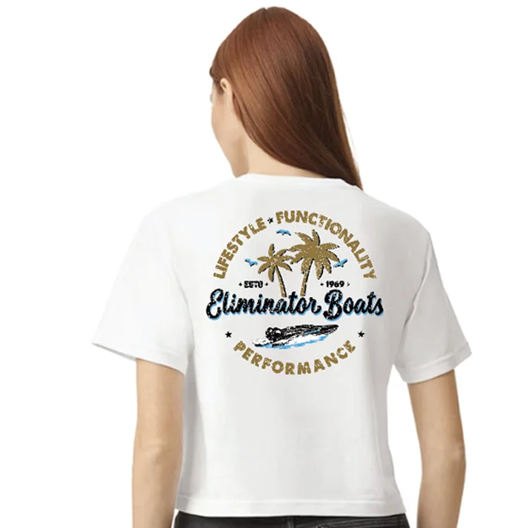 women's twist-front blouse -Women's White Palm Paradise Crop Tee