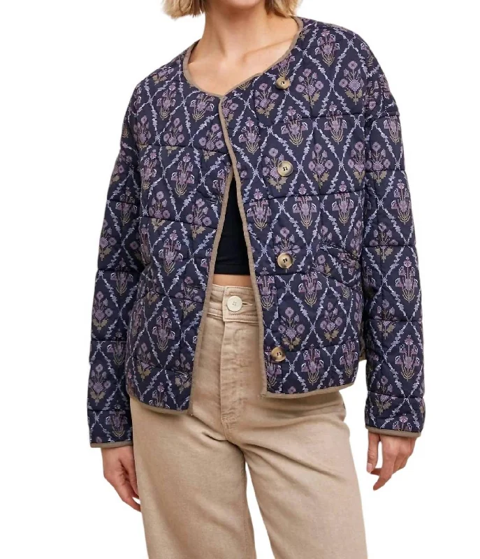 casual coats for women -Printed Quilt Jacket In Midnight Floral