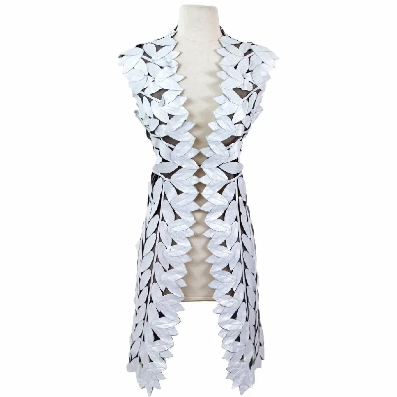 women's stylish blazer -Belgin Francis Classic Leaf Design Leather Midi Vest - WHITE