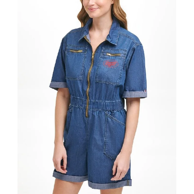 ladies' mid-rise bootcut jeans -Tommy Jeans Women's Cotton Zip Up Denim Romper Blue Size X-Small - XS