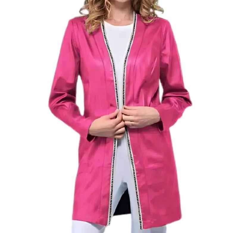 chic oversized blazer for women -Long Vegan Leather Jacket In Magenta