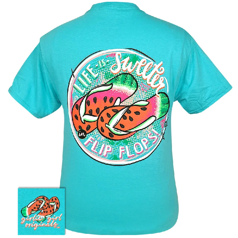 ladies' short sleeve top -Watermelon Flip Flop Scuba Blue SS-2473