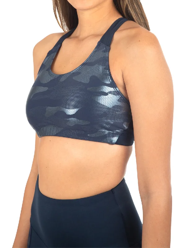 ladies' modern draped top -Navy Knockout Camo Sports Bra