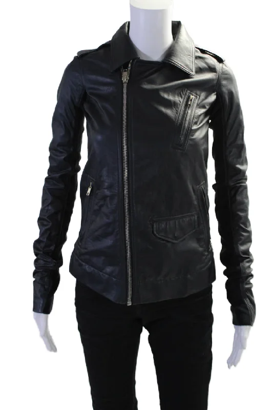 sporty track jacket for women -Rick Owens Womens Black Leather Full Zip Long Sleeve Motorcycle Jacket