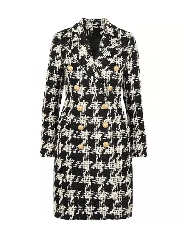 classic trench raincoat for women -Houndstooth Tweed Double Breasted Coat