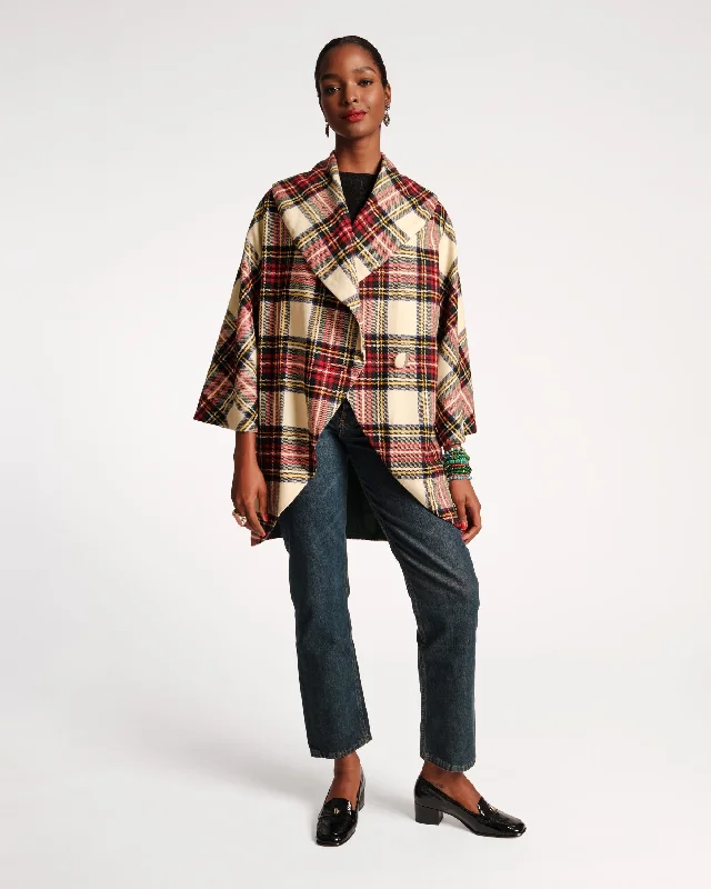 women's long trench coat -Cocoon Shawl Collar Wool Coat Christmas Plaid