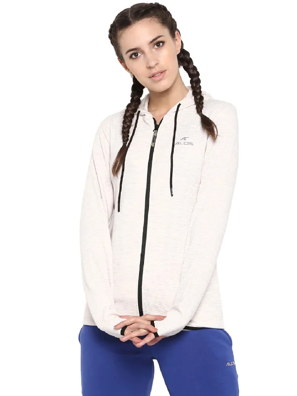 women's relaxed boyfriend blazer -Alcis Women Cream-Coloured Ribbed Hooded Sporty Jacket