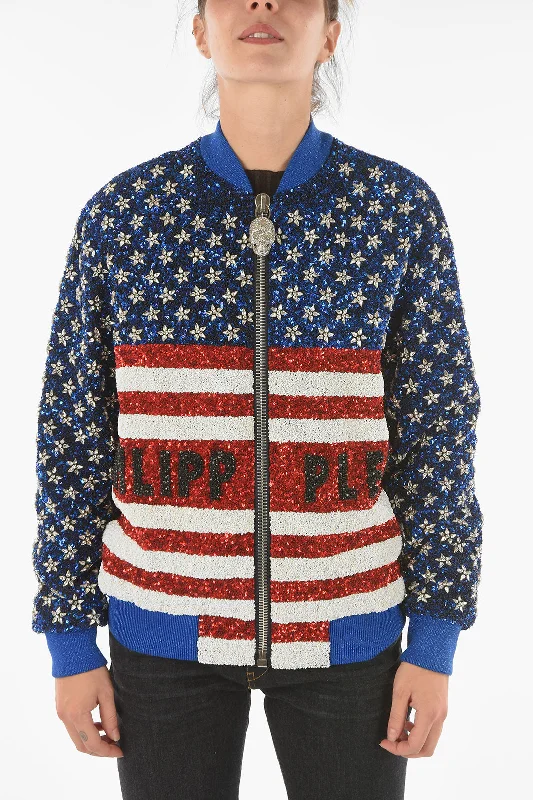 women's relaxed boyfriend blazer -Philipp Plein COUTURE All-Over Sequine and Crystal AMERICA Bomber Jacket