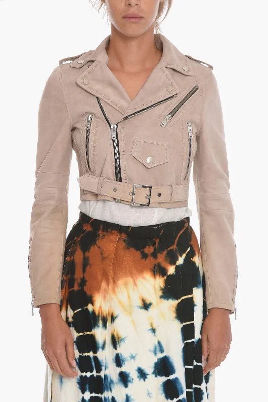 casual linen jacket for women -Amiri Suede Cropped Fit Biker Jacket with Belt