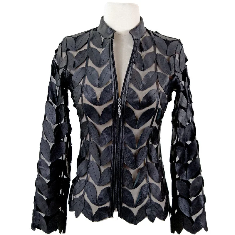 oversized women's coat -Belgin Francis Classic Leaf Design Leather Jacket - BLACK