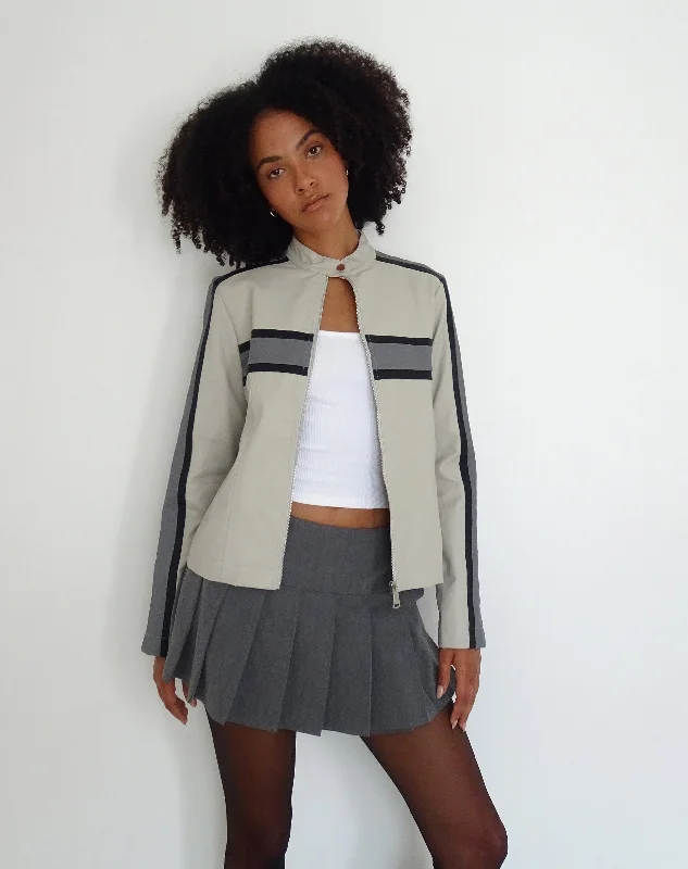 women's reversible coat -MOTEL X JACQUIE Oliver Zip Up Jacket in Grey PU with Dark Grey Stripe