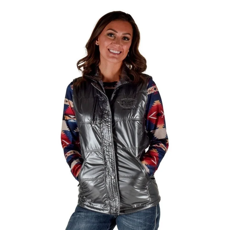 stylish longline coat for women -Cowgirl Tuff Western Vest Womens Mid Weight Logo Zip Silver 100728