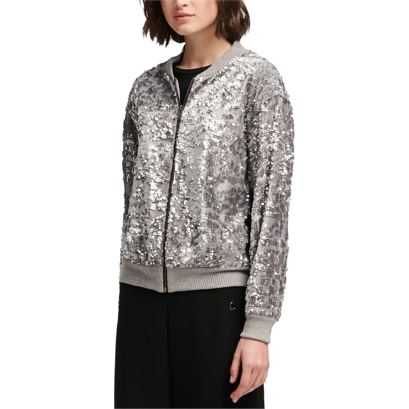 urban streetwear jacket for women -DKNY Womens Sequined Bomber Jacket, Grey, X-Small