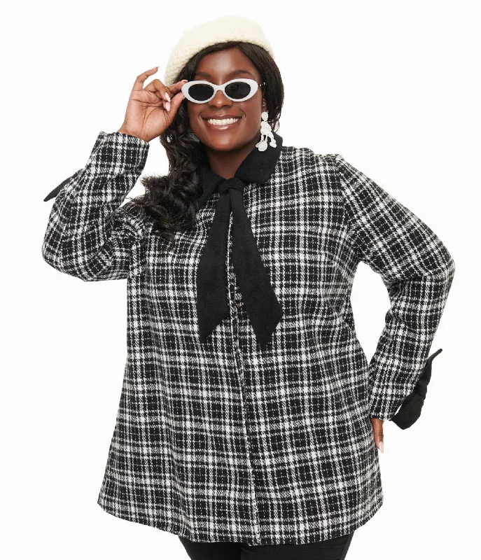 women's varsity bomber jacket -Smak Parlour Black & White Plaid Bows Topper Coat