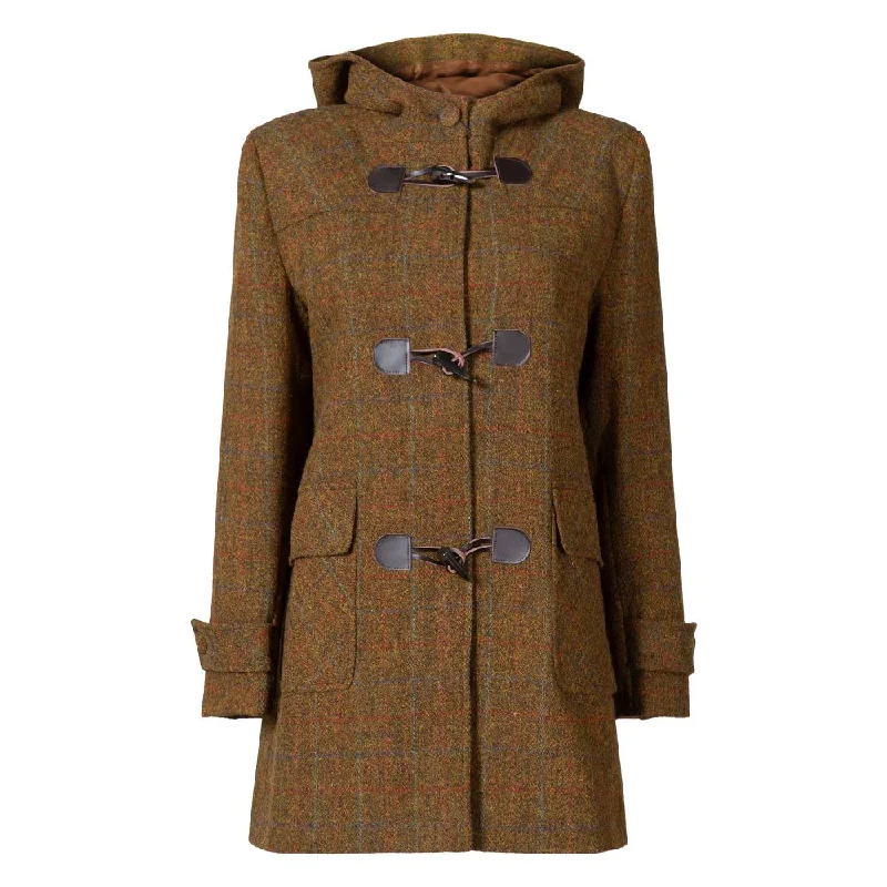 ladies' wool overcoat -Ladies Harris Tweed Duffle Coat - Brown Check