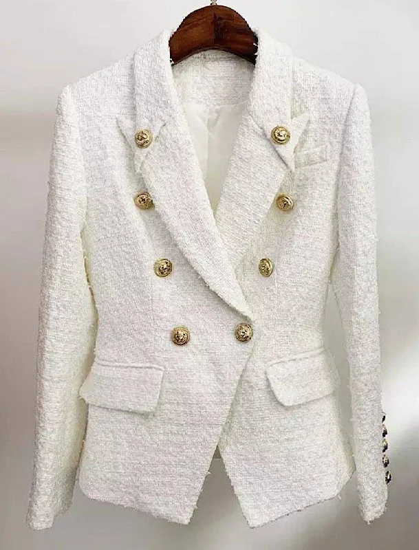 fitted wool blend coat for women -White Tweed Blazer With Decorative Gold Buttons