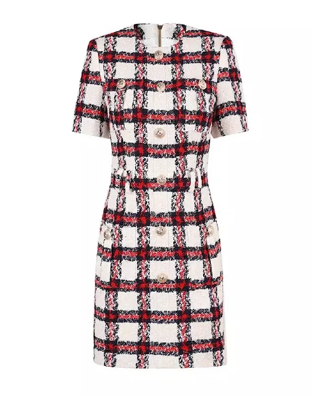 women's waterproof raincoat -Red Plaid Tweed Knit Gold Button Dress