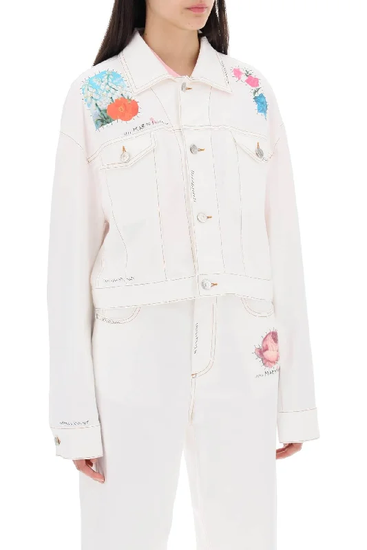 military-style coat for women -Marni "cropped Denim Jacket With Flower Patches And Embroidery"