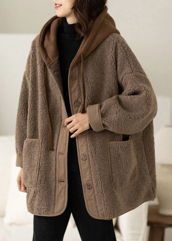 lightweight quilted jacket for women -Boho Coffee Patchwork Button Thick Faux Fur Hooded Coats Winter