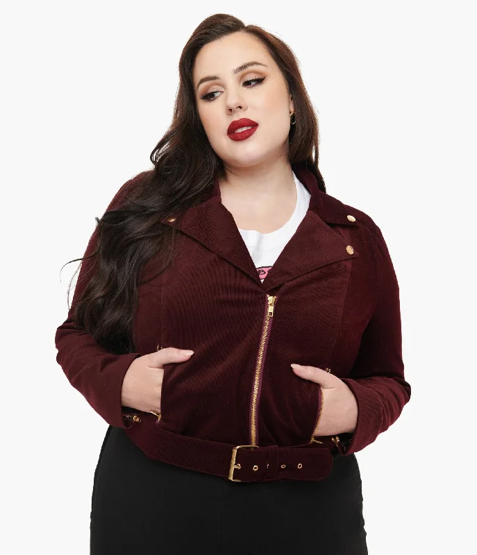 women's outdoor fleece jacket -Tim Burton’s The Nightmare Before Christmas by Unique Vintage Plus Size Burgundy Velvet Jacket