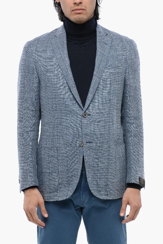 ladies' waterfall drape coat -Corneliani Windowpane Patterned Academy Soft Linen Blend Blazer