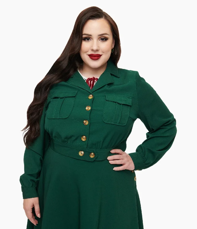 long elegant trench coat for women -Hell Bunny Plus Size 1970s Forest Green Ravenswood Jacket