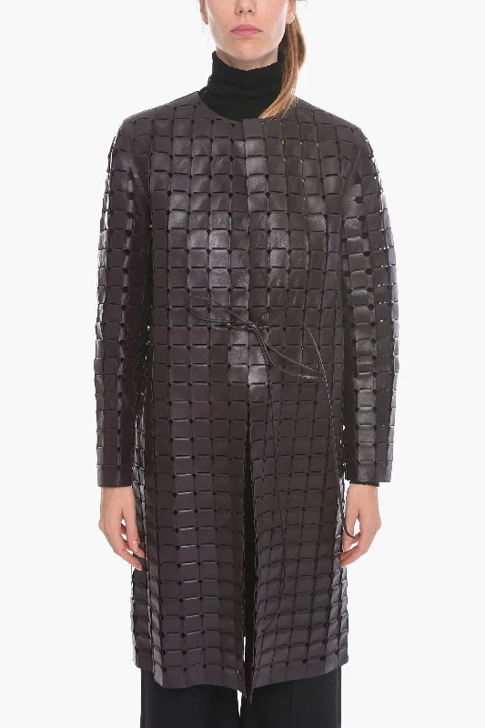 elegant wool cape for women -Bottega Veneta Knitted Leather SATINE Coat with Drawstring