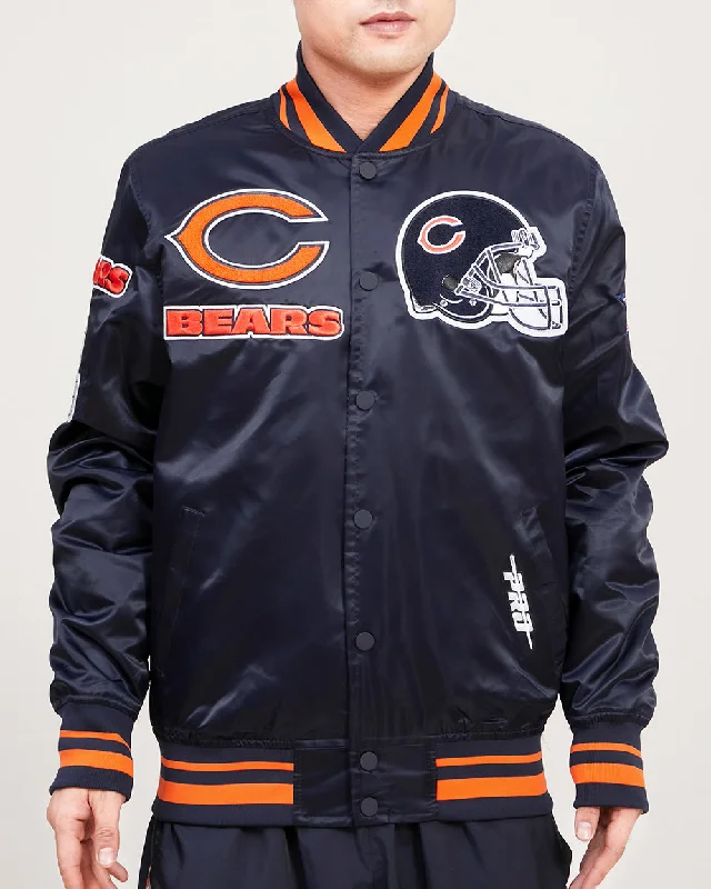 women's slim fit blazer -NFL CHICAGO BEARS MASH UP SATIN JACKET (MIDNIGHT NAVY/ORANGE/ MIDNIGHT)