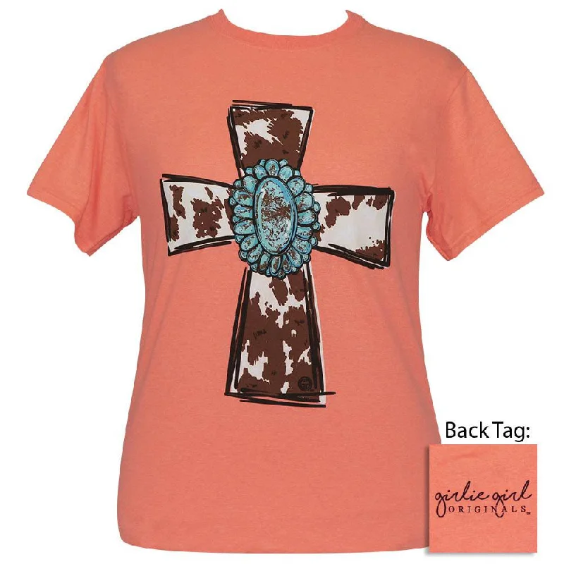 comfortable bamboo fabric top for women -Turquoise Cow Cross Retro Heather Coral SS-2407