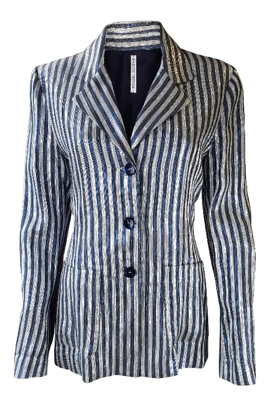 warm padded coat for women -STEPHAN JANSON Blue Silver Striped Glitter Blazer (44)