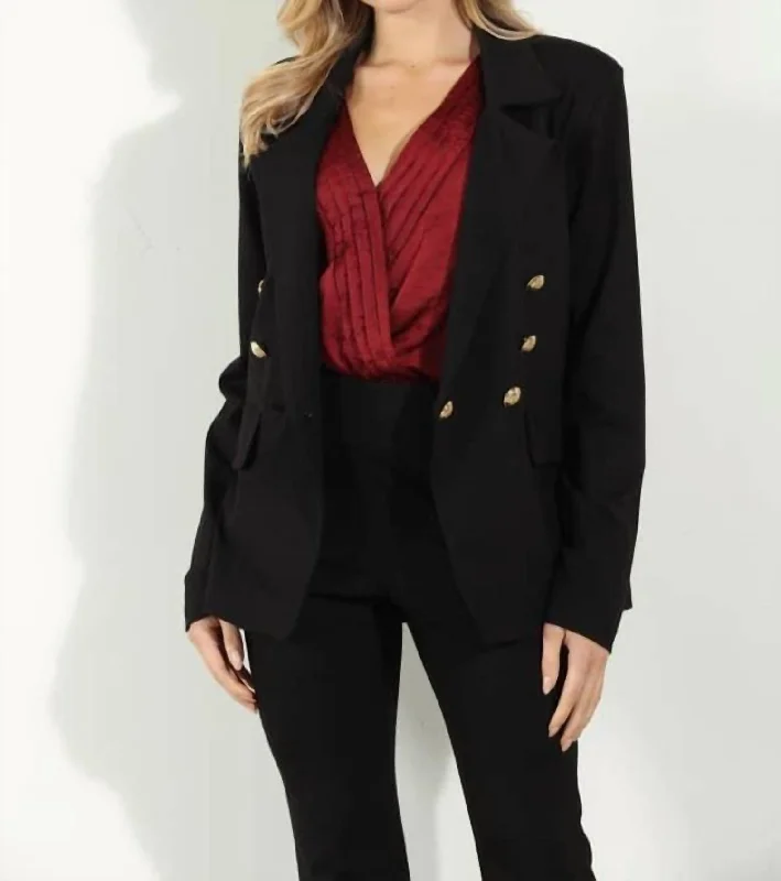 stylish fleece-lined coat for women -Double Breasted Blazer With Gold Buttons In Black