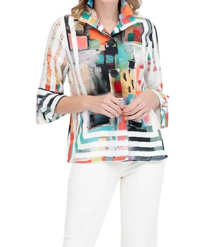 waterproof windproof raincoat for women -Frame Art Jacket In Multi White