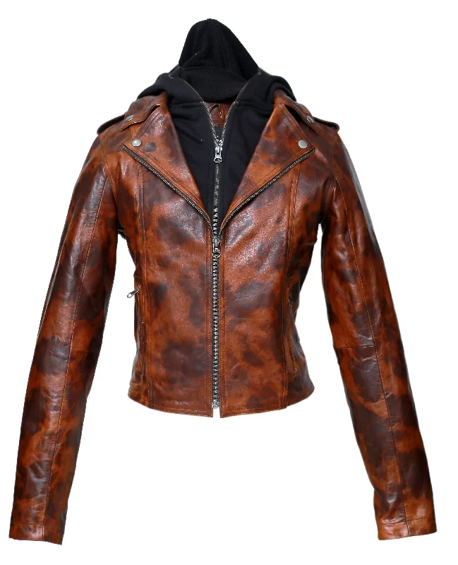 sophisticated evening coat for women -JOLLY WOMEN HOODID LEATHER JACKET