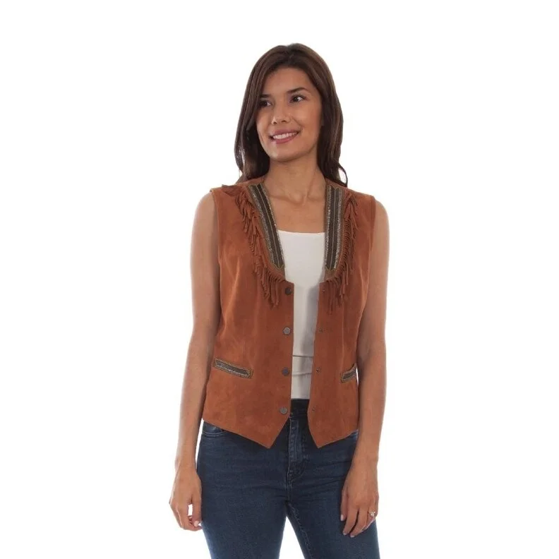 women's belted trench coat -Scully Western Vest Womens Suede Snap Fringe Beaded Rust F0_L1050