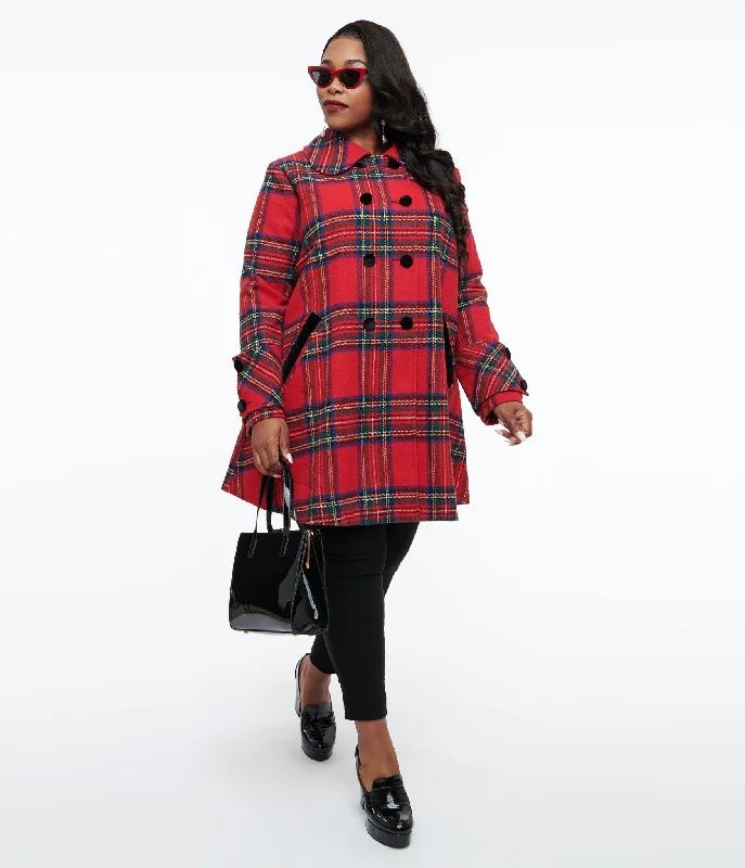 women's long trench coat -Unique Vintage Plus Size 1960s Red Plaid Peacoat