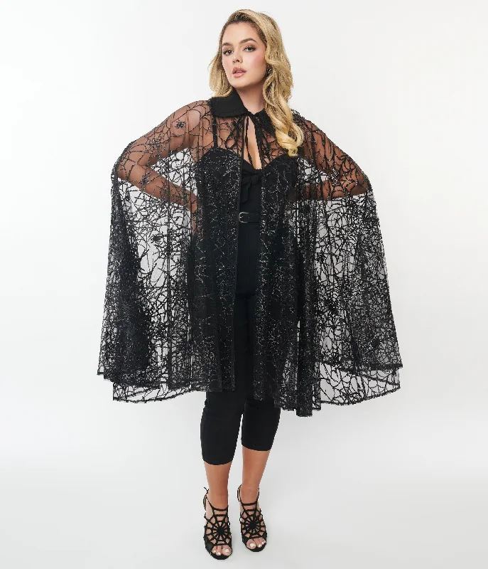 women's stylish blazer -Unique Vintage Black Glitter Spiderweb Mesh Cape