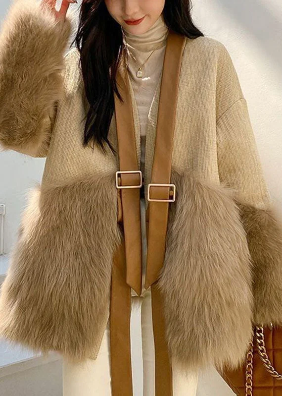 ladies' waterfall drape coat -Classy Khaki V Neck Fuzzy Fur Fluffy Patchwork Leather And Fur Coat Long Sleeve