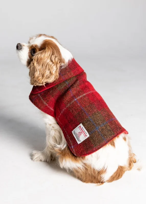 ladies' long hooded winter coat -Harris Tweed Dog Coat - Red/Green Check