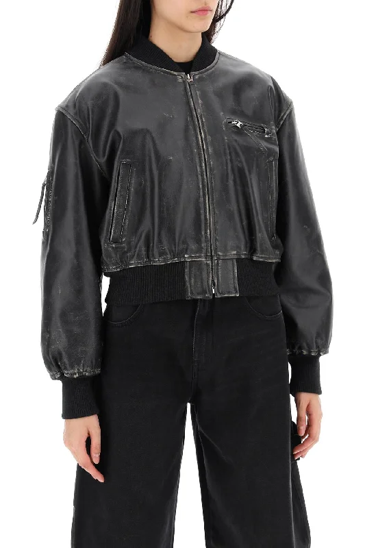 ladies' fleece zip-up jacket -Acne Studios Aged Leather Bomber Jacket With Distressed Treatment