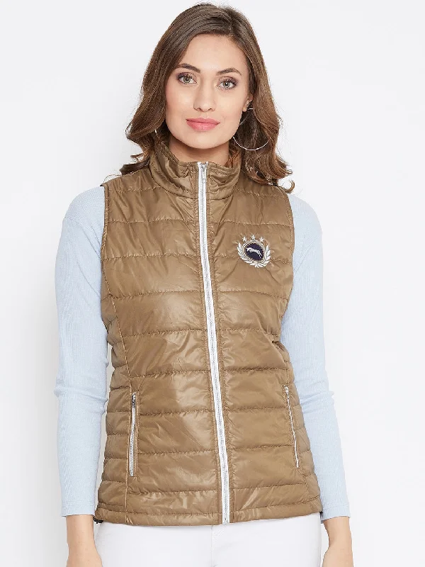 ladies' insulated ski jacket -JUMP USA Women Brown Solid Padded Jacket