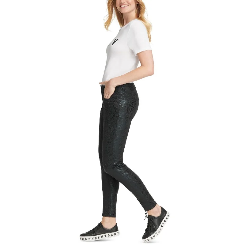 trendy acid-wash jeans for women -Dkny Coated Snake-Embossed Everywhere Skinny Jeans Black Size 29