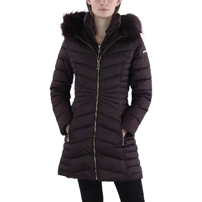 lightweight quilted jacket for women -Womens Faux Fur Trim Hooded Puffer Jacket