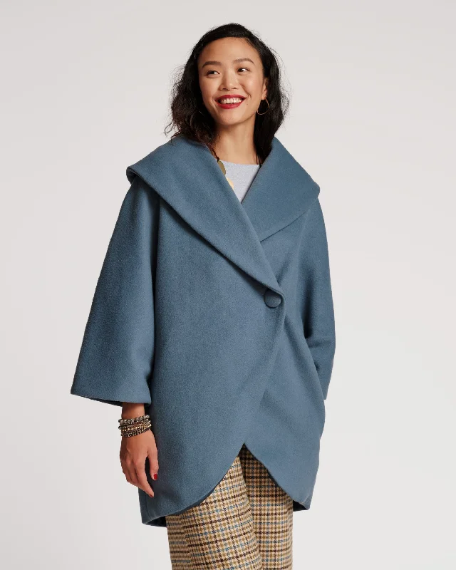 women's waterproof raincoat -Cocoon Shawl Collar Wool Coat Blue