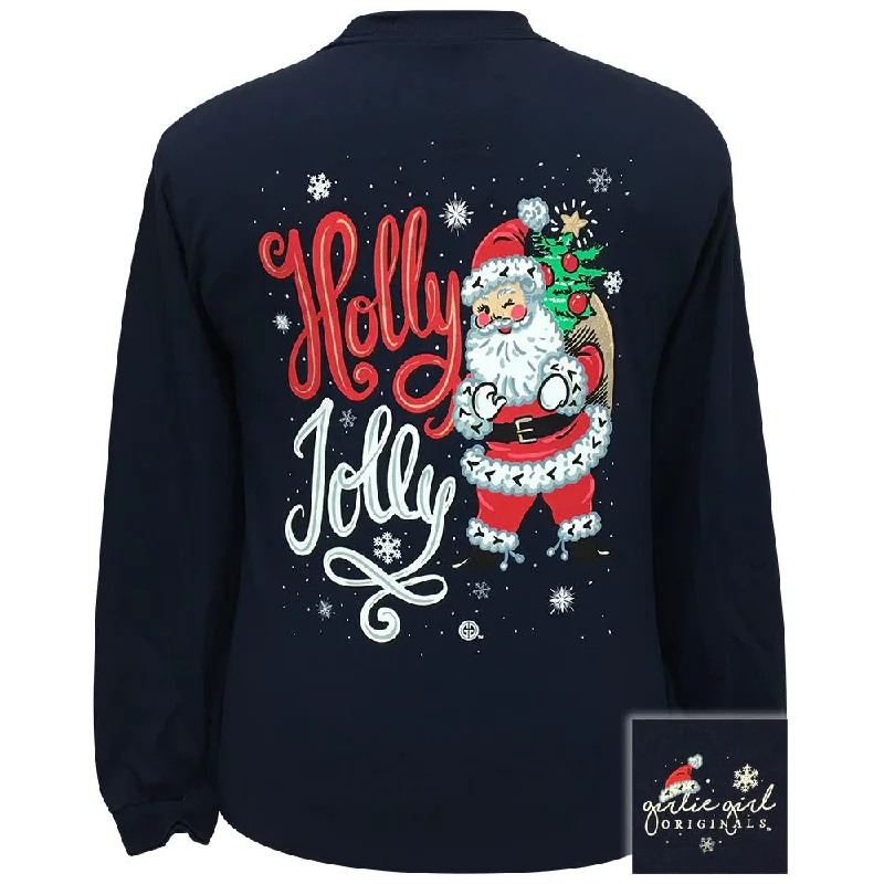 modern high-low hem top for ladies -Holly Jolly Santa-Navy LS-2324