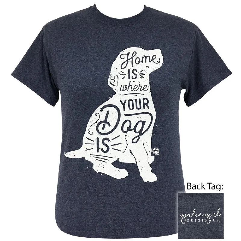 women's button-up shirt -Where Your Dog Is-Heather Navy SS-2121