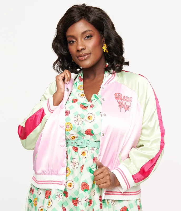 cropped wool blazer for women -Unique Vintage Plus Size Pink & Green Bite Me Satin Bomber Jacket