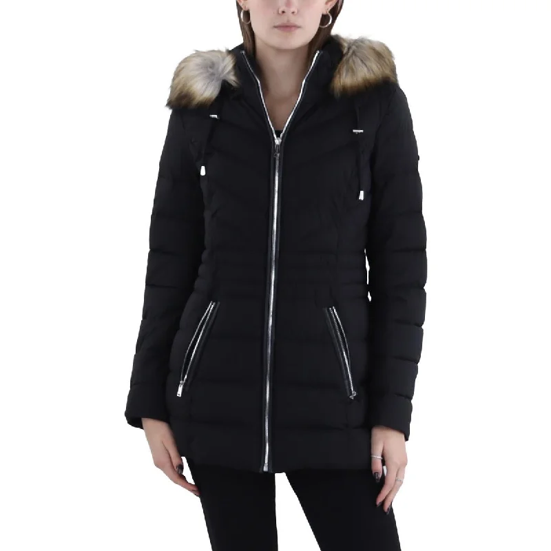 ladies' longline puffer coat -Womens Faux Fur Trim Hooded Puffer Jacket